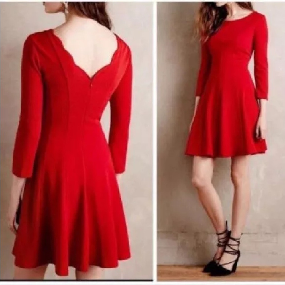 Anthropologie Sundays in Brooklyn XS Red Dress Scalloped Fit N Flare Cocktail